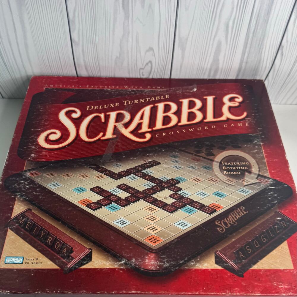 Hasbro SCRABBLE Deluxe Classic Edition With Rotating Board Wood Cabinet Complete